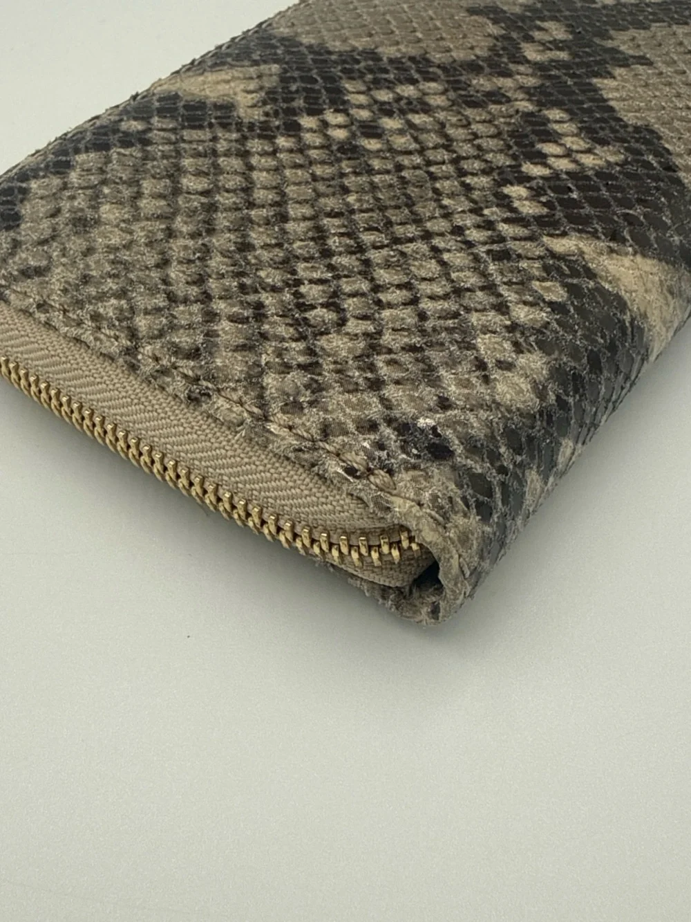 Michael Kors Taupe and Black Exotic Snake Skin Zip Wallet with Gold Plaque